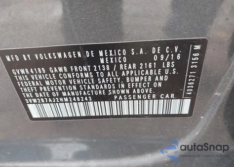 2017 Volkswagen Jetta 1.4T S из США, поврежденный, VIN 3VW2B7AJ2HM248243